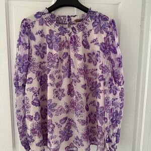 LOFT Purple and White Smocked Blouse